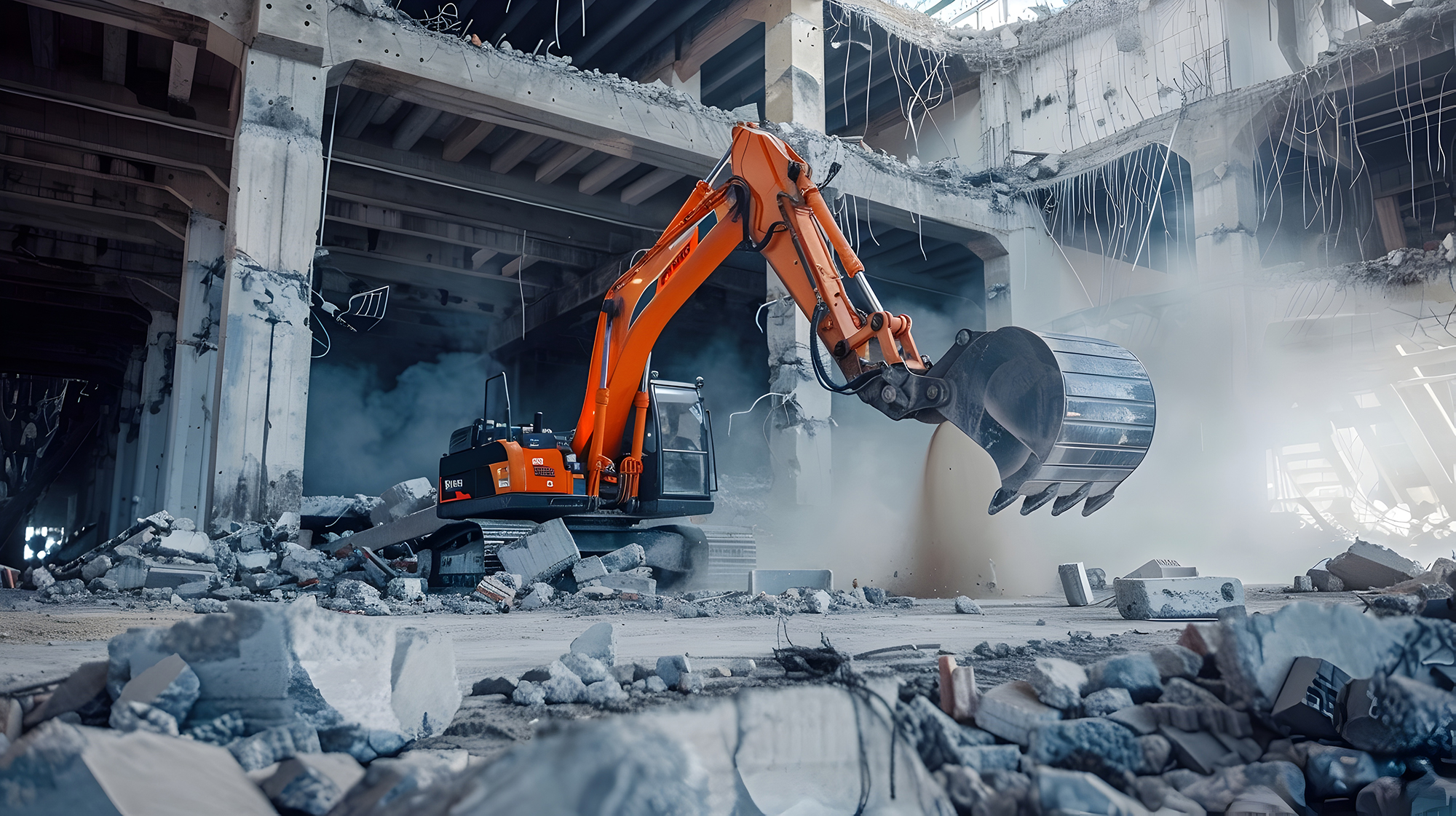 Autonomous hydraulic breaker demolishing concrete structure with innovative demolition technology