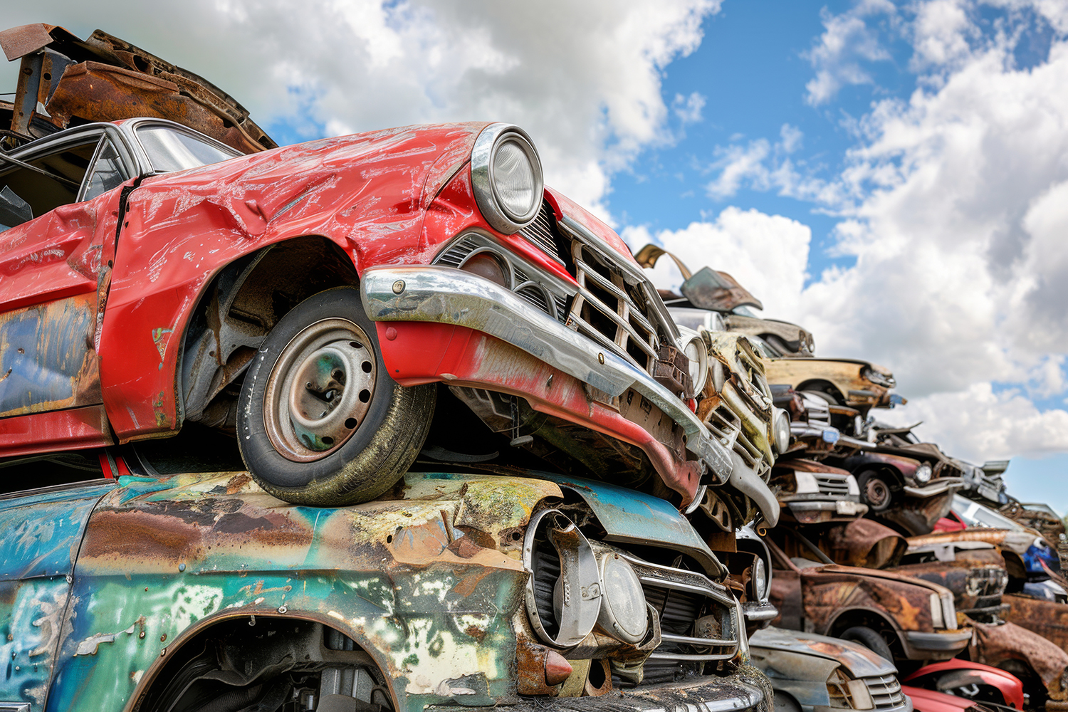 Pile of scrap waste of cars for recycling. Smashed destroyed car wrecks on car junkyard.
